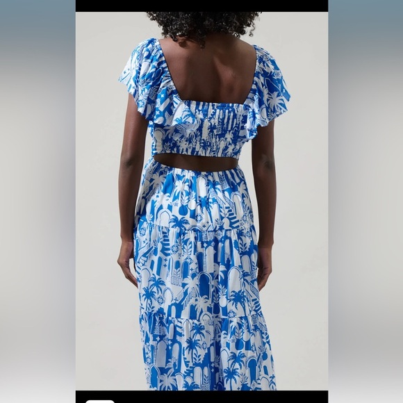 SugarLips Nala Tiered Smocked Maxi Dress Blue White Print - Picture 5 of 8